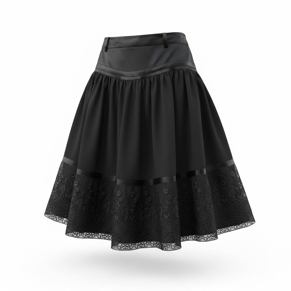 Marvelous Black Satin Yoke Lace Trim Midi Skirt Embroidered Hem M fits like S